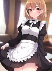 Rule 34 | 1girl, :o, ahoge, alternate costume, alternate hairstyle, apron, black dress, bow, bowtie, brown eyes, brown hair, crossed bangs, dress, frilled dress, frills, highres, hololive, hololive english, indoors, light particles, looking at viewer, maid, maid apron, multicolored hair, nanashi mumei, sairen, short hair, streaked hair, virtual youtuber