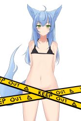 Rule 34 | &gt;:(, 1girl, absurdres, ahoge, animal ear fluff, animal ears, arms behind back, bare shoulders, bikini, bikini top only, black bikini, blue hair, blush, bottomless, caution tape, censored, closed mouth, collarbone, commentary request, fox ears, fox girl, fox tail, green eyes, hair between eyes, highres, keep out, kuronagi (mitora uwu), light frown, long hair, looking at viewer, navel, original, simple background, solo, swimsuit, tail, v-shaped eyebrows, white background
