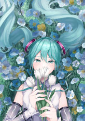 Rule 34 | 1girl, arime hotaru, blue eyes, blue hair, collared shirt, commentary, covering own mouth, detached sleeves, field, flower, flower field, hair ornament, hatsune miku, hatsune miku (nt), highres, holding, holding flower, layered sleeves, long hair, lying, nail polish, neck ribbon, on back, piapro, ribbon, see-through, see-through sleeves, shirt, sleeveless, sleeveless shirt, solo, tulip, vocaloid, white flower, white tulip