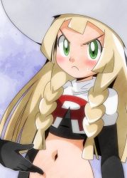 Rule 34 | 1girl, alternate costume, angry, black gloves, blonde hair, blunt bangs, blush, braid, cosplay, creatures (company), elbow gloves, frown, game freak, gloves, hainchu, hand on another&#039;s stomach, hat, jessie (pokemon), jessie (pokemon) (cosplay), lillie (pokemon), long hair, midriff, navel, nintendo, pokemon, pokemon (anime), stomach, sun hat, sweatdrop, team rocket, team rocket (cosplay), team rocket uniform, twin braids, upper body