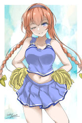 Rule 34 | 1girl, blue shirt, blue skirt, blue sky, braid, breasts, cheerleader, cloud, gakky, grey eyes, hair ornament, hairband, hands on own hips, highres, holding, holding pom poms, kantai collection, light brown hair, long hair, medium breasts, navel, one-hour drawing challenge, one eye closed, pleated skirt, pom pom (cheerleading), pom poms, propeller hair ornament, purple hairband, shirt, skirt, sky, sleeveless, sleeveless shirt, solo, teruzuki (kancolle), twin braids