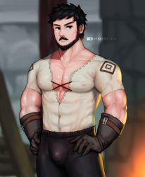 Rule 34 | 1boy, bara, barra.kun.7, beard, black eyes, black hair, blacksmith, brown gloves, bulge, cleavage cutout, clothing cutout, covered abs, covered erect nipples, covered navel, cross-laced clothes, cross-laced cutout, cross-laced top, facial hair, genshin impact, gloves, hands on own hips, highres, large pectorals, looking at viewer, male focus, mature male, muscular, muscular male, mustache, pectoral cleavage, pectorals, short hair, solo, thighs, v-neck, wagner (genshin impact)