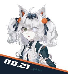 Rule 34 | 1girl, ahoge, animal ears, black hairband, blue eyes, character name, chinese clothes, grey eyes, grey hair, hair ornament, hair over eyes, hairband, heterochromia, highres, long hair, long sleeves, looking at viewer, mechanical ears, no.21: feral scent (punishing: gray raven), no.21 (punishing: gray raven), official alternate costume, official alternate hairstyle, open mouth, punishing: gray raven, sidelocks, signature, solo, syukannaduki, teeth, two side up, upper teeth only, white background, wolf ears