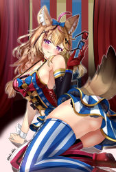 Rule 34 | 1girl, 3d glasses, ahoge, animal ears, arm up, ass, asymmetrical legwear, blonde hair, blush, braid, breasts, clothing cutout, curtains, detached sleeves, ebiko yaki, eyelashes, fox ears, fox tail, glasses, gloves, highres, holding, holding removed eyewear, hololive, large breasts, long hair, looking at viewer, messy hair, mismatched legwear, multicolored hair, navel, navel cutout, omaru polka, omaru polka (1st costume), purple eyes, red gloves, showgirl skirt, side braid, solo, streaked hair, striped clothes, striped thighhighs, tail, thick thighs, thighhighs, thighs, tongue, tongue out, twitter username, unworn eyewear, vertical-striped clothes, vertical-striped thighhighs, virtual youtuber