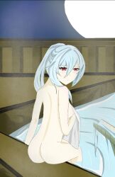 Rule 34 | 1girl, artist request, ass, blue hair, breasts, closed mouth, completely nude, expressionless, from behind, hair between eyes, highres, jingliu, looking back, medium breasts, non-web source, nose, nude, original, partially submerged, ponytail, red eyes, sitting, solo, source request, towel