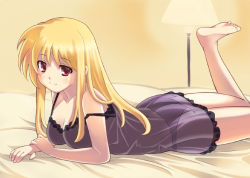 Rule 34 | 00s, 1girl, ass, bad id, bad pixiv id, barefoot, blonde hair, breasts, chemise, cleavage, fate testarossa, feet, kouno hikaru, long hair, lying, lyrical nanoha, mahou shoujo lyrical nanoha, mahou shoujo lyrical nanoha strikers, nightgown, on stomach, panties, see-through, small breasts, solo, strap slip, underwear