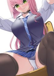 Rule 34 | 1girl, azur lane, blue necktie, blue skirt, breasts, choker, closed mouth, dutch angle, from below, green eyes, hair between eyes, large breasts, long hair, looking at viewer, memphis (a breath of fresh air) (azur lane), memphis (azur lane), necktie, ootani nonno, panties, pink hair, plaid, plaid skirt, school uniform, simple background, sitting, skirt, smile, solo, sweater vest, thighhighs, underwear, white background, white panties
