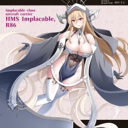 Rule 34 | 1girl, absurdly long hair, absurdres, azur lane, bare shoulders, between breasts, black gloves, blonde hair, breast cutout, breasts, character name, cleavage, covered navel, english text, fake horns, gloves, habit, hair between eyes, half gloves, halo, hebitsukai-san, highres, horns, implacable (azur lane), large breasts, long bangs, long hair, long sleeves, looking at viewer, mechanical halo, nun, pelvic curtain, red eyes, revealing clothes, solo, thighhighs, two-tone dress, veil, very long hair, white horns, white thighhighs, wide sleeves