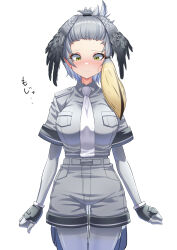 Rule 34 | 1girl, absurdres, alternate hairstyle, arms at sides, belt, bird tail, bird wings, black gloves, black hair, blonde hair, blush, bodystocking, breast pocket, breasts, clenched hands, closed mouth, collared shirt, embarrassed, fingerless gloves, forehead, gloves, grey hair, grey shirt, grey shorts, head wings, highres, kazusa (k4zus4), kemono friends, large breasts, layered sleeves, long hair, long sleeves, looking down, multicolored hair, necktie, nose blush, pocket, shirt, shirt tucked in, shoebill (kemono friends), short over long sleeves, short sleeves, shorts, side ponytail, simple background, solo, tail, taut clothes, taut shirt, thigh gap, variant set, white necktie, wing collar, wings, yellow eyes