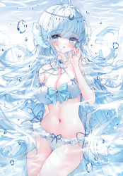 Rule 34 | 1girl, ahoge, bare shoulders, bikini, blue bow, blue eyes, blue hair, blush, bow, breasts, cleavage, collarbone, commentary, crescent, detached sleeves, frilled bikini, frills, hair between eyes, hair intakes, hand up, highres, long hair, looking at viewer, medium breasts, navel, original, parted lips, puffy short sleeves, puffy sleeves, short sleeves, solo, swimsuit, symbol-only commentary, tandohark, underwater, very long hair, water, water drop, white bikini, white sleeves