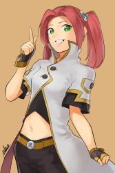 Rule 34 | 1girl, artist name, belt, cosplay, eleanor hume, fingerless gloves, gloves, green eyes, grin, hair ornament, highres, index finger raised, luke fon fabre, luke fon fabre (cosplay), midriff, mieu (tales), navel, red hair, smile, solo, tales of (series), tales of berseria, tales of the abyss, twintails, ubo (ubo tales)