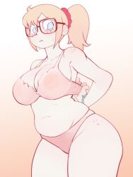 Rule 34 | 1girl, armpit crease, asymmetrical bangs, blue eyes, bra, breasts, brown-framed eyewear, cleavage, collarbone, colo (nagrolaz), commentary, contrapposto, cowboy shot, cowlick, english commentary, freckles, furrowed brow, glasses, gradient background, highres, lace, lace-trimmed bra, lace trim, large breasts, light brown hair, long hair, looking at viewer, navel, no pupils, orange background, panties, pink bra, pink panties, plump, ponytail, pout, red scrunchie, rita (sweethex), scrunchie, see-through bra, sidelocks, simple background, solo, standing, sweat, sweethex, two-tone background, underwear, v-shaped eyebrows, white background, wristlet
