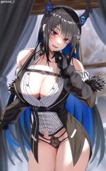 Rule 34 | 1girl, absurdres, adapted costume, asymmetrical horns, bare shoulders, black hair, black panties, blue hair, blush, breasts, colored inner hair, demon horns, hair ornament, head tilt, highres, hololive, hololive english, horns, lace, lace panties, large breasts, long hair, looking at viewer, mole, mole under eye, multicolored hair, nerissa ravencroft, nerissa ravencroft (1st costume), panties, partially unbuttoned, red eyes, rinse 7, smile, solo, two-tone hair, underwear, uneven horns, very long hair, virtual youtuber