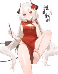 Rule 34 | 1girl, 2024, absurdres, barefoot, black horns, black panties, blush, breasts, china dress, chinese clothes, commentary request, demon tail, dress, feet, flower, foot focus, grey hair, hair flower, hair ornament, hand up, highres, holding, holding brush, horns, legs, long hair, looking at viewer, low twintails, open mouth, original, panties, pelvic curtain, pointy ears, red dress, red eyes, red flower, red ribbon, red rose, ribbon, rose, shino (shinotsuki3423), side-tie panties, simple background, sleeveless, sleeveless dress, small breasts, smile, soles, solo, tail, thighs, toes, twintails, underwear, white background