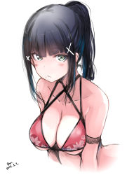 Rule 34 | 1girl, aqua eyes, artist name, bare shoulders, bikini, black hair, blush, breasts, cleavage, collarbone, cross-laced bikini, cross-laced clothes, female focus, flower print, genxx12, green eyes, highres, kurosawa dia, long hair, looking at viewer, love live!, love live! sunshine!!, medium breasts, mole, mole under mouth, parted lips, ponytail, red bikini, solo, swimsuit, upper body, white background
