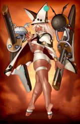 Rule 34 | 1girl, absurdres, ass, breasts, butt crack, cape, clover, dark-skinned female, dark skin, four-leaf clover, full body, grin, guilty gear, guilty gear xrd, headwear request, highres, holding, holding weapon, kairunoburogu, large breasts, looking at viewer, orange background, orange eyes, platinum blonde hair, ramlethal valentine, short shorts, shorts, skindentation, smile, solo, thick thighs, thigh strap, thighs, underboob, weapon