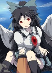 Rule 34 | 1girl, arm cannon, black hair, black socks, black wings, blue sky, bow, breasts, cape, clothes lift, cloud, concrete, female focus, hair bow, highres, kneehighs, large breasts, long hair, md5 mismatch, ponytail, red eyes, reiuji utsuho, resolution mismatch, shirt, sinzan, sitting, skirt, skirt lift, sky, socks, solo, source larger, third eye, tongue, tongue out, touhou, very long hair, weapon, wings