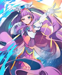 Rule 34 | 1girl, absurdres, blue eyes, commentary request, cure majesty, dress, elbow gloves, ellee-chan, gloves, hair ornament, highres, hirogaru sky! precure, long hair, looking at viewer, magical girl, precure, purple dress, purple hair, smug, solo, standing, very long hair, white gloves, wing hair ornament, yuutarou (fukiiincho)