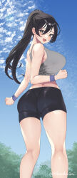 Rule 34 | 1girl, ass, bike shorts, black hair, black shorts, blush, breasts, crop top, feet out of frame, grey tank top, highres, kneepits, large breasts, looking at viewer, looking back, murata tefu, original, outdoors, ponytail, shorts, smile, solo, sweatdrop, tank top, wristband