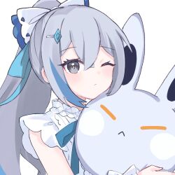 Rule 34 | 1girl, :&lt;, blue bow, blue hair, blush, bow, bronya zaychik, bronya zaychik (herrscher of truth), closed mouth, commentary request, grey eyes, grey hair, hair between eyes, hair bow, hair ornament, hairclip, highres, honkai (series), honkai impact 3rd, long hair, looking at viewer, multicolored hair, one eye closed, ponytail, shirt, simple background, sleeveless, sleeveless shirt, solo, streaked hair, stuffed animal, stuffed rabbit, stuffed toy, tdatnst, upper body, very long hair, white background, white bow, white shirt