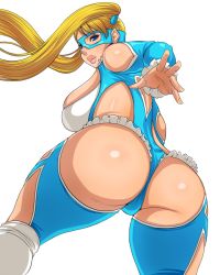 Rule 34 | 1girl, ass, ass focus, blonde hair, blue eyes, breasts, curvy, female focus, from behind, huge ass, large breasts, leotard, lips, long hair, looking at viewer, looking back, matoyama, plump, pov, rainbow mika, revision, shiny skin, simple background, solo, street fighter, street fighter v, thick thighs, thighs, thong, thong leotard, twintails, white background, wide hips