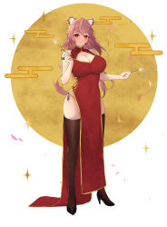 Rule 34 | 1girl, absurdres, animal ears, arknights, barcode, barcode tattoo, blush, breasts, china dress, chinese clothes, cleavage cutout, closed mouth, clothing cutout, dress, earpiece, earrings, fireworks, full body, gravel (arknights), hair between eyes, high heels, highres, holding, jewelry, large breasts, long hair, looking at viewer, microphone, panties, pelvic curtain, pink hair, red eyes, side slit, simple background, sleeveless, sleeveless dress, smile, solo, sparkler, string panties, tail, tattoo, thighhighs, thighs, underwear, upper body, user zwuf2372