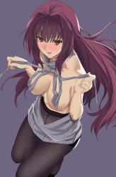 Rule 34 | 1girl, :o, blush, breasts, collarbone, convenient censoring, crotch seam, embarrassed, fate/grand order, fate (series), from above, hair intakes, highres, long hair, meme attire, nervous, open mouth, pantyhose, purple hair, red eyes, scathach (fate), scathach (fate), simple background, solo, sweatdrop, thighband pantyhose, virgin killer sweater, yoshiki360