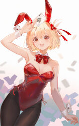 Rule 34 | 1girl, ace (playing card), ace of spades, animal ears, arm up, bare shoulders, black pantyhose, blonde hair, bob cut, bow, bowtie, breasts, card, cleavage, commentary, covered navel, detached collar, fake animal ears, fingernails, hair between eyes, hair ribbon, highres, holding, holding card, large breasts, leotard, light blush, looking at viewer, lycoris recoil, nail polish, nishikigi chisato, open mouth, pantyhose, playboy bunny, playing card, rabbit ears, rakuhei, red bow, red bowtie, red eyes, red leotard, red nails, red ribbon, ribbon, short hair, smile, solo, spade (shape), strapless, strapless leotard, tail, teeth, thigh gap, upper teeth only, white wrist cuffs, wrist cuffs