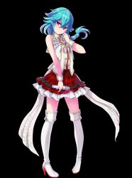 Rule 34 | 1girl, aqua hair, blue hair, frilled skirt, full body, high heel boots, long hair, looking at viewer, microphone, miniskirt, official art, pigeon-toed, plaid skirt, project tokyo dolls, red eyes, skirt, sleeveless, small breasts, solo, square enix, standing, thigh boots, transparent background, white footwear, wrist cuffs, yamada (project tokyo dolls), zettai ryouiki