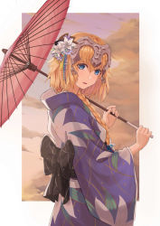 Rule 34 | 1girl, absurdres, blonde hair, blue eyes, braid, fate/apocrypha, fate/grand order, fate (series), flower, from side, hair flower, hair ornament, highres, holding, holding umbrella, japanese clothes, jeanne d&#039;arc (fate), jeanne d&#039;arc (ruler) (fate), kimono, long hair, looking at viewer, obi, oil-paper umbrella, open mouth, red umbrella, sash, shiko (pixiv3834224), single braid, smile, solo, standing, umbrella, white background, white flower, yukata