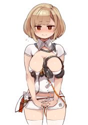Rule 34 | 1girl, breasts, character request, cleavage, closed mouth, headset, large breasts, looking at viewer, medium breasts, mota, short hair, simple background, solo, thighhighs, white background