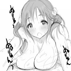Rule 34 | 1boy, 1girl, bad id, bad pixiv id, blush, breast massage, breasts, girl on top, greyscale, idolmaster, idolmaster cinderella girls, large breasts, long hair, monochrome, nude, poin (hidsuki), simple background, solo focus, totoki airi, twintails, white background