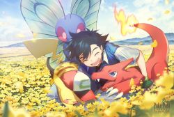 Rule 34 | 1boy, :d, ^ ^, artist name, ash ketchum, baseball cap, black hair, blue jacket, blue pants, blue sky, blurry, blurry foreground, bug, butterfly, butterfree, charmeleon, claws, closed eyes, cloud, creatures (company), day, fangs, field, fiery tail, fingerless gloves, fire, flame-tipped tail, flower, flower field, game freak, gen 1 pokemon, gloves, green gloves, hat, insect, jacket, male focus, melso, mountainous horizon, nintendo, open clothes, open jacket, open mouth, pants, petals, pikachu, pokemon, pokemon (anime), pokemon (creature), red hat, short sleeves, sitting, sky, smile, tail, unworn hat, unworn headwear, yellow flower