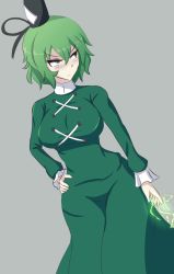 Rule 34 | 1girl, aohadapeach, black hat, blush, breasts, closed mouth, cross-laced clothes, dress, green dress, green eyes, green hair, hand on own hip, hat, highres, large breasts, lightning, long sleeves, looking to the side, short hair, simple background, soga no tojiko, solo, tate eboshi, touhou, white background