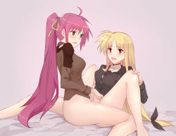 Rule 34 | absurdres, bed, blonde hair, blue eyes, blush, bottomless, breasts, fate testarossa, hair ornament, hair ribbon, hei chuan gui, highres, large breasts, looking at another, lyrical nanoha, mahou shoujo lyrical nanoha strikers, military, military uniform, multiple girls, open mouth, pink background, pink hair, red eyes, ribbon, signum, simple background, smile, tribadism, tsab ground military uniform, uniform, yuri