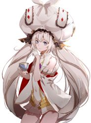 Rule 34 | 1girl, bare shoulders, blue eyes, closed mouth, covered navel, cowboy shot, cup, detached sleeves, dress, fate/grand order, fate (series), frilled hat, frills, gloves, hair between eyes, half gloves, hat, holding, holding cup, long hair, long sleeves, looking at viewer, marie antoinette (fate), marie antoinette (third ascension) (fate), rero (bigdoorbig2), silver hair, simple background, smile, solo, twintails, very long hair, white background, white dress, white gloves, white hat, wide sleeves