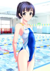 Rule 34 | 1girl, absurdres, arms behind back, black hair, blurry, blurry background, breasts, brown eyes, clothes writing, commentary request, competition swimsuit, cowboy shot, highres, lane line, logo, looking at viewer, multicolored clothes, multicolored swimsuit, one-piece swimsuit, original, ponytail, pool, short hair, short ponytail, small breasts, smile, solo, standing, string of flags, swimsuit, takafumi, white one-piece swimsuit