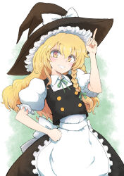 Rule 34 | 1girl, absurdres, apron, arm up, black hat, black skirt, black vest, blonde hair, blush, bow, braid, brown eyes, collared shirt, commentary request, frilled apron, frilled sleeves, frills, green ribbon, grin, hair between eyes, hat, hat bow, highres, kirisame marisa, long hair, looking at viewer, neck ribbon, puffy short sleeves, puffy sleeves, ribbon, shirt, short sleeves, single braid, skirt, skirt set, smile, solo, takunama, touhou, very long hair, vest, waist apron, white apron, white bow, white shirt, witch hat