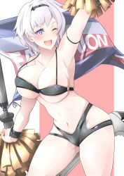 Rule 34 | 1girl, ;d, arm up, armlet, armpits, azur lane, bare shoulders, black bra, black hairband, black shorts, blush, boots, bra, breasts, cheerleader, cleavage, clothing cutout, collarbone, commentary request, cowboy shot, flag, gluteal fold, grey hair, gudon (iukhzl), hair between eyes, hairband, high heel boots, high heels, highres, holding, holding pom poms, knee boots, large breasts, looking at viewer, micro shorts, midriff, navel, no pants, no shirt, one eye closed, open mouth, panties under shorts, parted hair, pom pom (cheerleading), pom poms, purple eyes, red background, reno (azur lane), reno (biggest little cheerleader) (azur lane), short hair, shorts, sidelocks, simple background, smile, solo, standing, standing on one leg, thigh cutout, two-tone background, underboob, underwear, underwear only, white background, white footwear, wristband