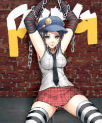 Rule 34 | 1girl, animal collar, armpits, bad id, bare shoulders, black hair, chain, collar, female focus, hat, highres, looking at viewer, marie (persona 4), necktie, panties, pei, persona, persona 4, persona 4 the golden, plaid, plaid skirt, short hair, skirt, solo, striped clothes, striped thighhighs, thighhighs, underwear