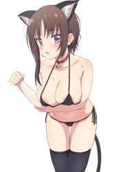 Rule 34 | 1girl, anal tail, animal ears, areola slip, asymmetrical hair, bell, bikini, blush, breast hold, breasts, brown hair, butt plug, cameltoe, cat ears, cleavage, collar, collarbone, covered erect nipples, fake animal ears, fake tail, hagino chiaki, hairband, highres, hinako note, large breasts, looking at viewer, micro bikini, navel, neck bell, paw pose, purple eyes, short hair, side-tie bikini bottom, simple background, sincos, solo, swimsuit, tail, thighhighs, white background