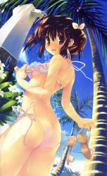 Rule 34 | 00s, 1girl, ass, beach, bikini, breasts, brown hair, day, frills, high heels, highres, holding, holding shoes, looking back, mitsumi misato, open shoes, outdoors, red eyes, sandals, scan, shoes, short hair, side-tie bikini bottom, small breasts, solo, sweat, swimsuit, third-party edit, to heart (series), to heart 2, twintails, underboob, yuzuhara konomi