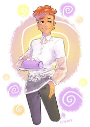 Rule 34 | 1boy, 2017, atomicmangomom, black pants, blush, cake, closed mouth, commentary, english commentary, food, hand on own hip, highres, holding, holding food, icing, lars barriga, looking to the side, male focus, orange hair, pants, see-through, see-through shirt, see-through sleeves, shirt, signature, spiral, steven universe, white background, white shirt