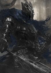Rule 34 | 1boy, absurdres, armor, artorias the abysswalker, asaki (asaki vision), blue cape, breastplate, cape, commentary request, dark souls (series), dark souls i, from side, full armor, gauntlets, hand up, helm, helmet, highres, holding, holding sword, holding weapon, looking ahead, pauldrons, shoulder armor, solo, sword, torn cape, torn clothes, upper body, weapon
