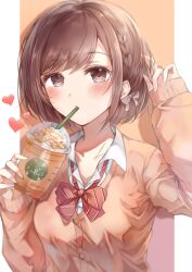 Rule 34 | 1girl, blush, bow, bowtie, brown cardigan, brown eyes, brown hair, cardigan, collarbone, commentary, cup, disposable cup, drink, drinking, drinking straw, drinking straw in mouth, highres, holding, holding cup, holding drink, kamiyama high school uniform (project sekai), long sleeves, looking at viewer, namamake, project sekai, red bow, red bowtie, revision, school uniform, shinonome ena, shirt, short hair, solo, white shirt
