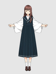 Rule 34 | 1girl, absurdres, brown footwear, brown hair, closed eyes, closed mouth, dress, dress shirt, facing viewer, full body, grey background, hanatsuki, highres, loafers, long dress, long hair, long sleeves, original, outstretched arms, pinafore dress, pleated dress, red hair, school uniform, serafuku, shirt, shoes, simple background, sleeveless dress, smile, socks, solo, standing, white shirt, white socks