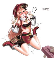 Rule 34 | !?, 1girl, artist name, bare shoulders, black skirt, blush, boots, box, breasts, cleavage, controller, crop top, crystal, cy7989, dated, detached sleeves, double v, english text, female focus, full body, gem, genshin impact, green eyes, hair between eyes, half-closed eyes, hands up, high heels, highres, holding, holding remote control, long hair, medium breasts, midriff, miniskirt, multicolored clothes, multicolored skirt, navel, nose blush, open mouth, orange hair, pointy footwear, pom pom (clothes), red footwear, red gemstone, red headwear, red skirt, remote control, remote control vibrator, sex toy, shirt, sidelocks, signature, simple background, sitting, skirt, sleeveless, sleeveless shirt, solo focus, stomach, surprised, teeth, tongue, trembling, v, very long hair, vibrator, vibrator under clothes, wariza, white background, white sleeves, wireless sex toy controller, yanfei (genshin impact)