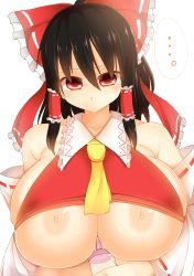 Rule 34 | ..., 1girl, alternate breast size, black hair, bow, breasts, curvy, detached sleeves, expressionless, facominn, hair bow, hair tubes, hakurei reimu, highres, huge breasts, imminent paizuri, japanese clothes, miko, nipples, no bra, paizuri invitation, red eyes, ribbon, solo, touhou, underboob, undersized clothes