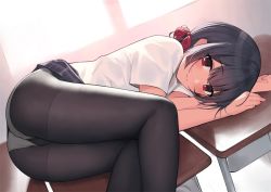 Rule 34 | 1girl, ass, black hair, black pantyhose, blush, classroom, closed mouth, commentary request, desk, gin00, gusset, hair ribbon, idolmaster, idolmaster shiny colors, indoors, looking at viewer, lying, morino rinze, on desk, on side, panties, panties under pantyhose, pantyhose, plaid, plaid skirt, pleated skirt, red eyes, red ribbon, ribbon, school uniform, shirt, short sleeves, skirt, smile, solo, thighband pantyhose, underwear, white panties, white shirt