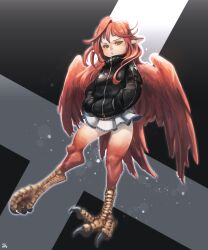 1girl :&lt; animal_ears birdrawdream black_background black_claws black_jacket blush breasts clawed_feet commentary cross_background feathers green_eyes grey_background harpy highres jacket light_particles long_hair looking_at_viewer looking_down medium_breasts miniskirt monster_girl nose_blush original pointy_ears red_feathers red_hair skirt solo two-tone_background white_skirt